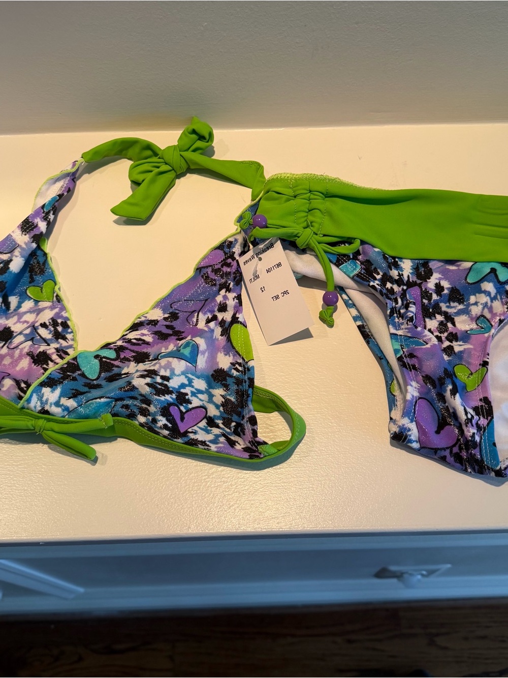 Green Trim Heart Print Bikini Set